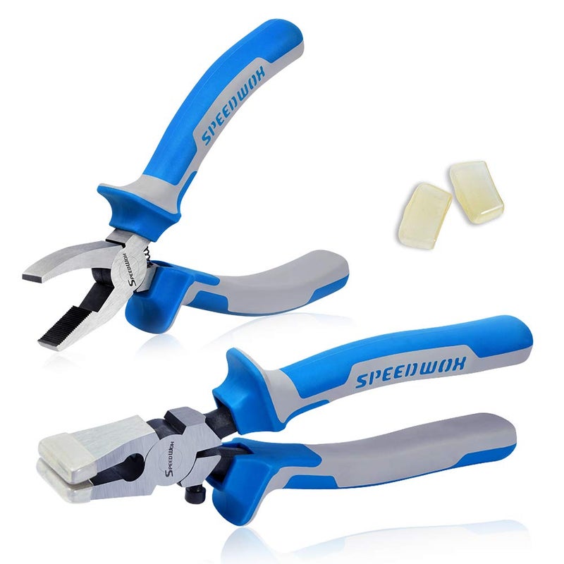 SPEEDWOX 2 Piece Glass Breaker Pliers and Hammer Cutting Pliers Set with 2 Pairs Rubber Tips, Professional Glass Pliers, Blue - Image 1